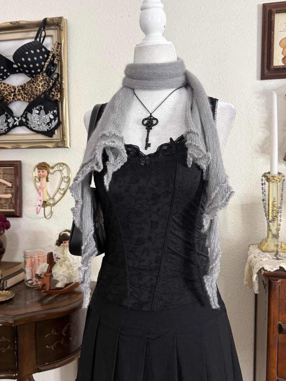 BNWT fairy grunge boho whimsical grey ruffled mohair scarf - Picture 2 of 5